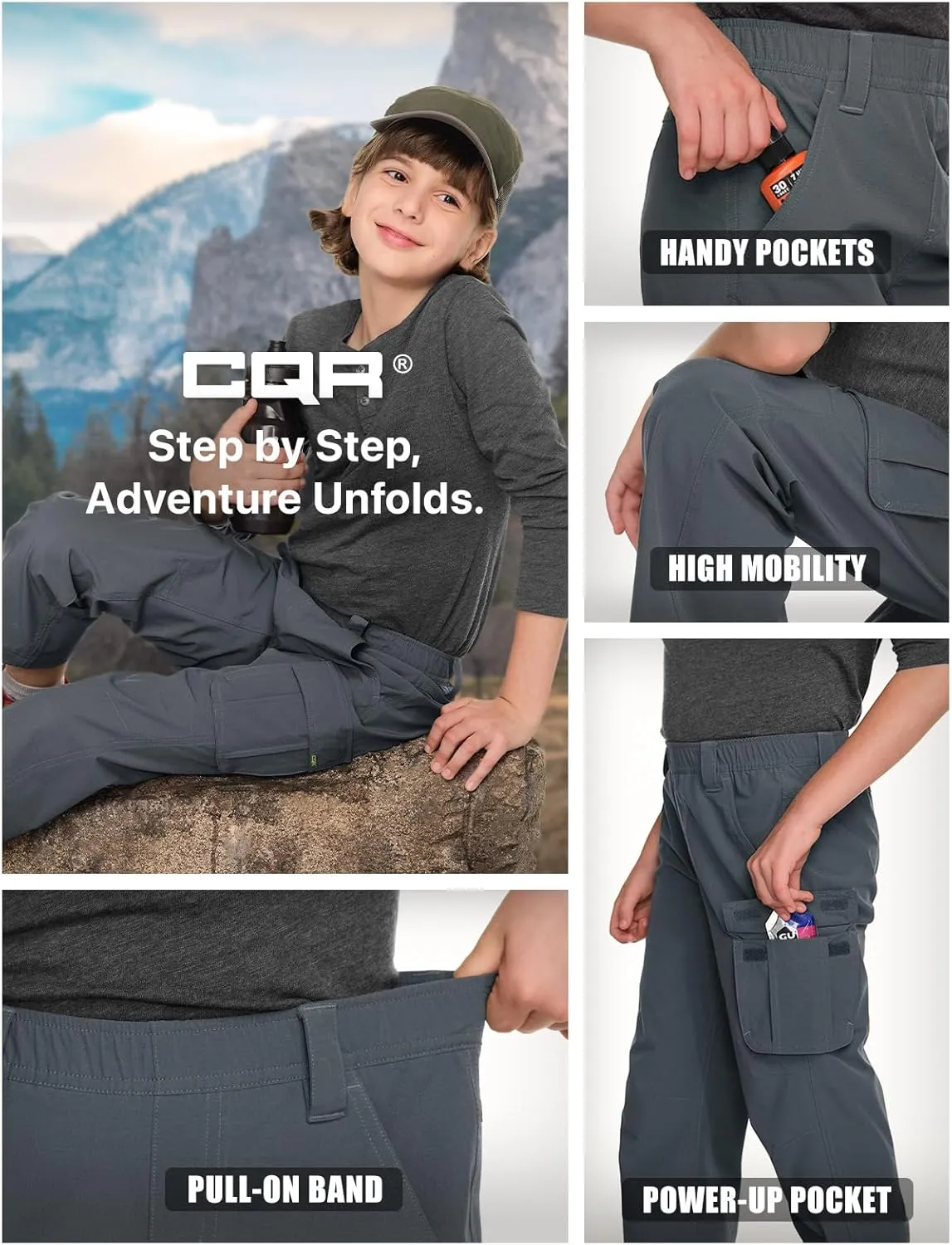 CQR Kids Youth Hiking Cargo Pants, UPF50  Quick Dry Outdoor Camping Pants