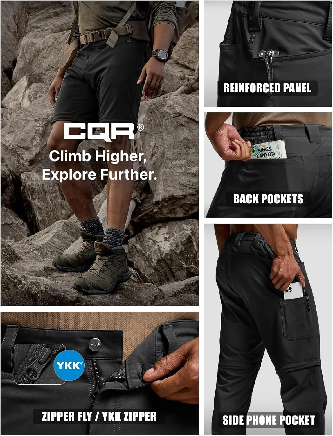 CQR Men's Convertible Cargo Tactical Pants, Water Resistant Outdoor Hiking Pants, Zip Off Lightweight Stretch Work Pants