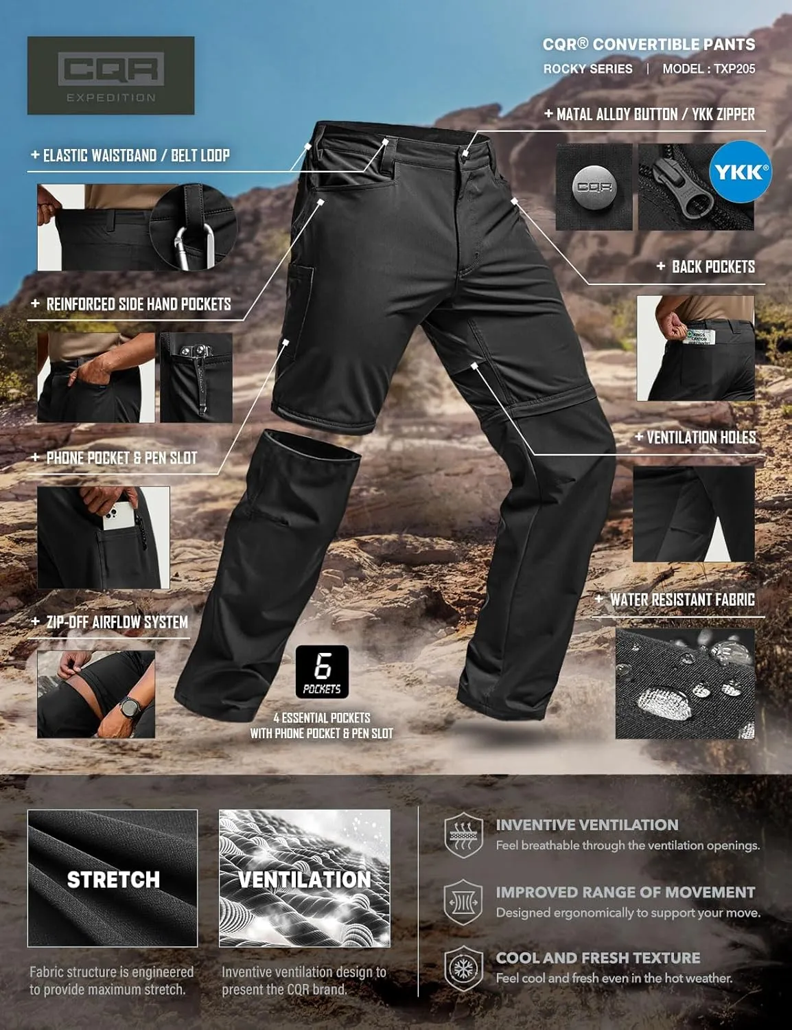CQR Men's Convertible Cargo Tactical Pants, Water Resistant Outdoor Hiking Pants, Zip Off Lightweight Stretch Work Pants