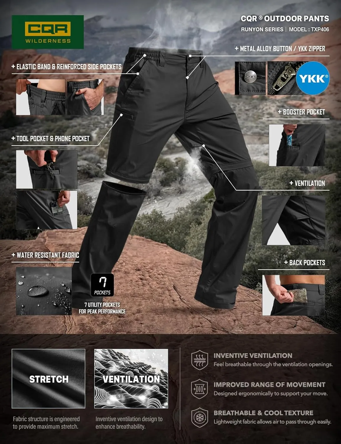 CQR Men's Convertible Cargo Tactical Pants, Water Resistant Outdoor Hiking Pants, Zip Off Lightweight Stretch Work Pants