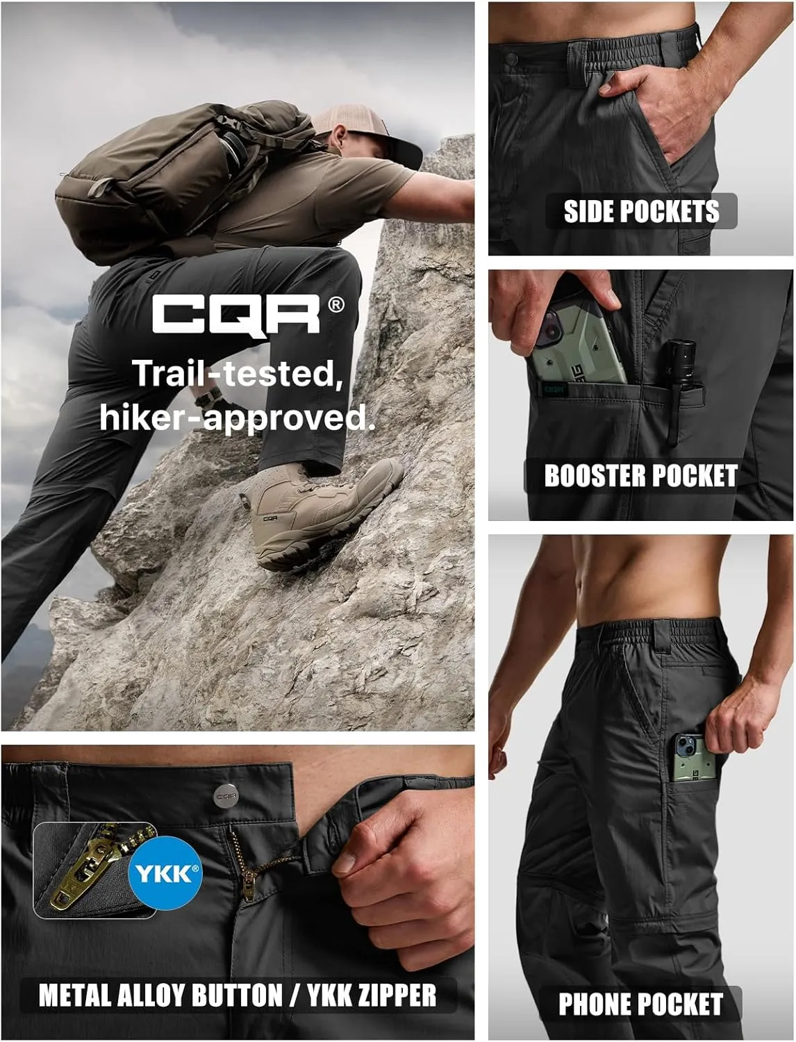 CQR Men's Convertible Cargo Tactical Pants, Water Resistant Outdoor Hiking Pants, Zip Off Lightweight Stretch Work Pants
