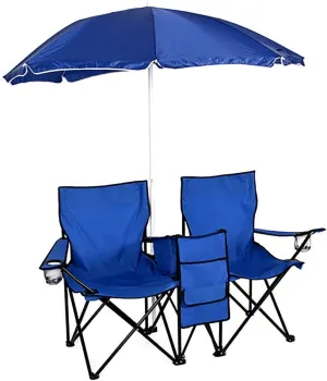 Crazyworld Double Folding Chairs with Removable Umbrella Table Cooler Bag Fold Up Steel Construction Dual Seat for Outdoor Patio Garden Picnic Lawn Beach Camping Fishing,Blue (Compact Size)