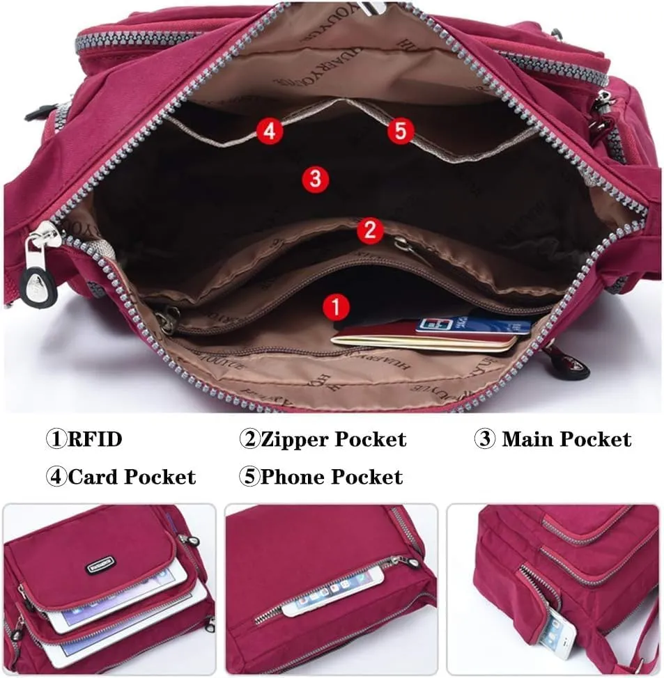 Crossbody Bag for Women Anti-Theft RFID Card Slot Multi Pocket Shoulder Bag Nylon Lightweight Messenger Bag