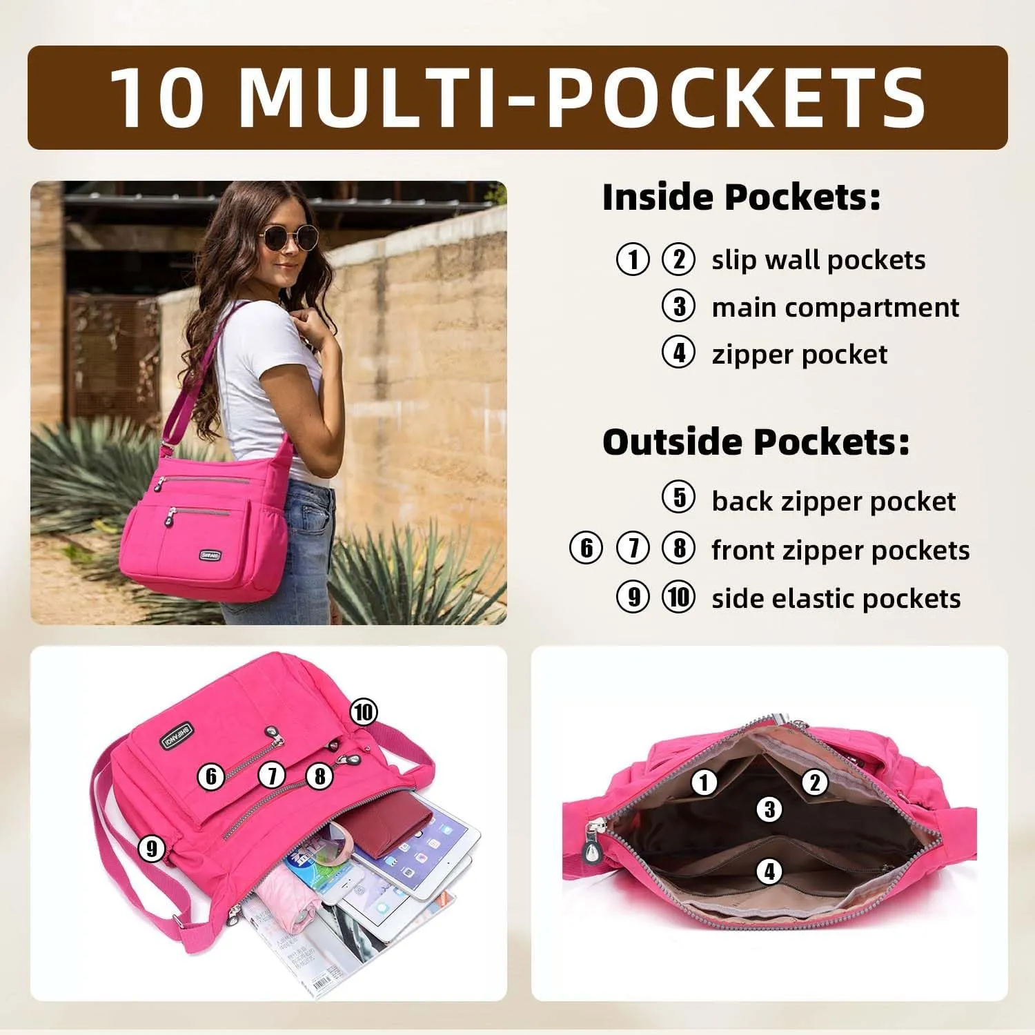 Crossbody Bag for Women, Multi Pockets Waterproof Nylon Shoulder Handbag, Lightweight Crossbody Purse for Ladies