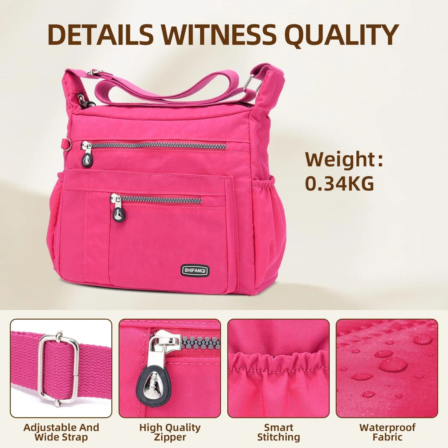 Crossbody Bag for Women, Multi Pockets Waterproof Nylon Shoulder Handbag, Lightweight Crossbody Purse for Ladies