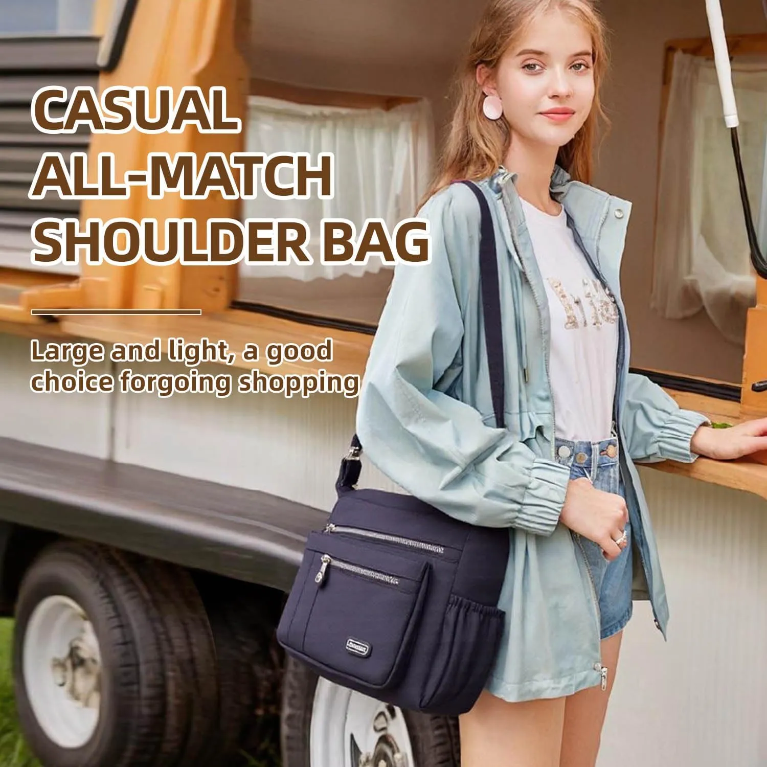 Crossbody Bag for Women, Multi Pockets Waterproof Nylon Shoulder Handbag, Lightweight Crossbody Purse for Ladies
