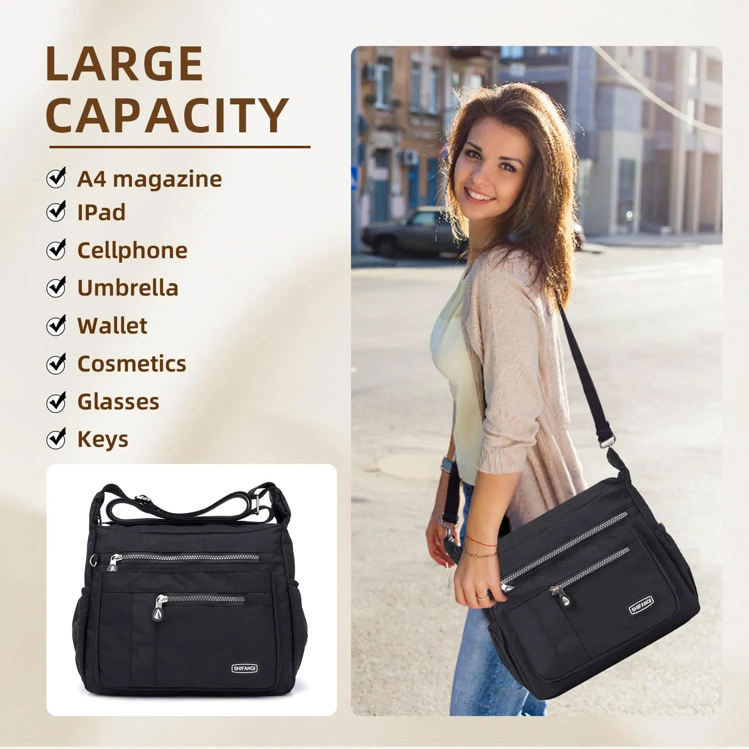 Crossbody Bag for Women, Multi Pockets Waterproof Nylon Shoulder Handbag, Lightweight Crossbody Purse for Ladies