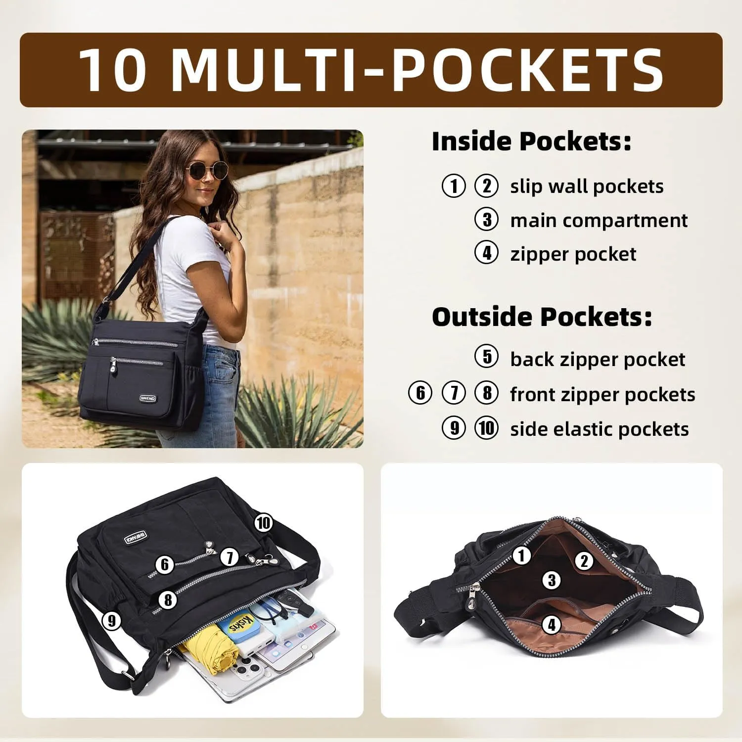 Crossbody Bag for Women, Multi Pockets Waterproof Nylon Shoulder Handbag, Lightweight Crossbody Purse for Ladies