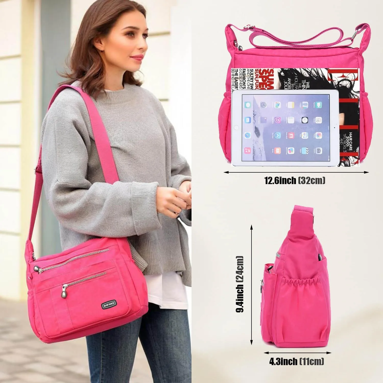 Crossbody Bag for Women, Multi Pockets Waterproof Nylon Shoulder Handbag, Lightweight Crossbody Purse for Ladies
