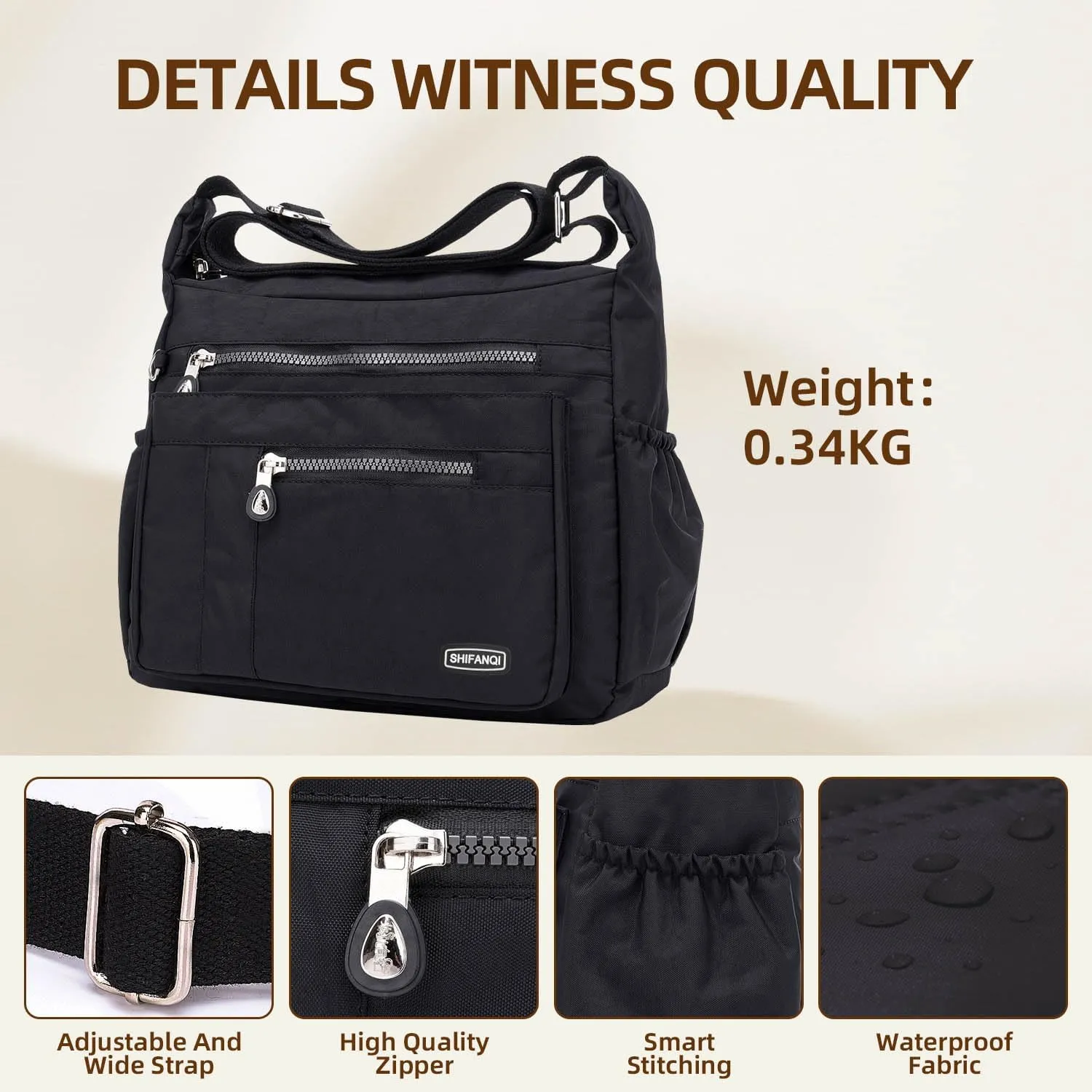 Crossbody Bag for Women, Multi Pockets Waterproof Nylon Shoulder Handbag, Lightweight Crossbody Purse for Ladies