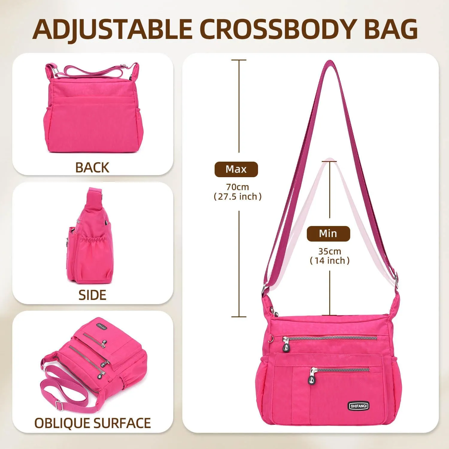 Crossbody Bag for Women, Multi Pockets Waterproof Nylon Shoulder Handbag, Lightweight Crossbody Purse for Ladies