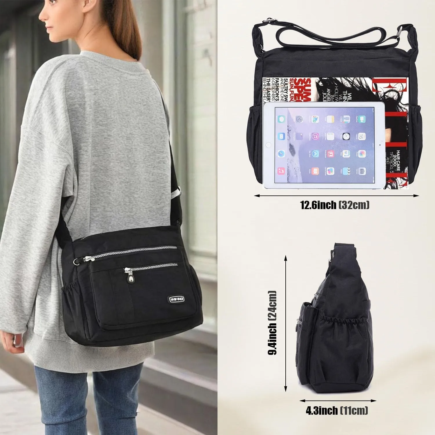 Crossbody Bag for Women, Multi Pockets Waterproof Nylon Shoulder Handbag, Lightweight Crossbody Purse for Ladies