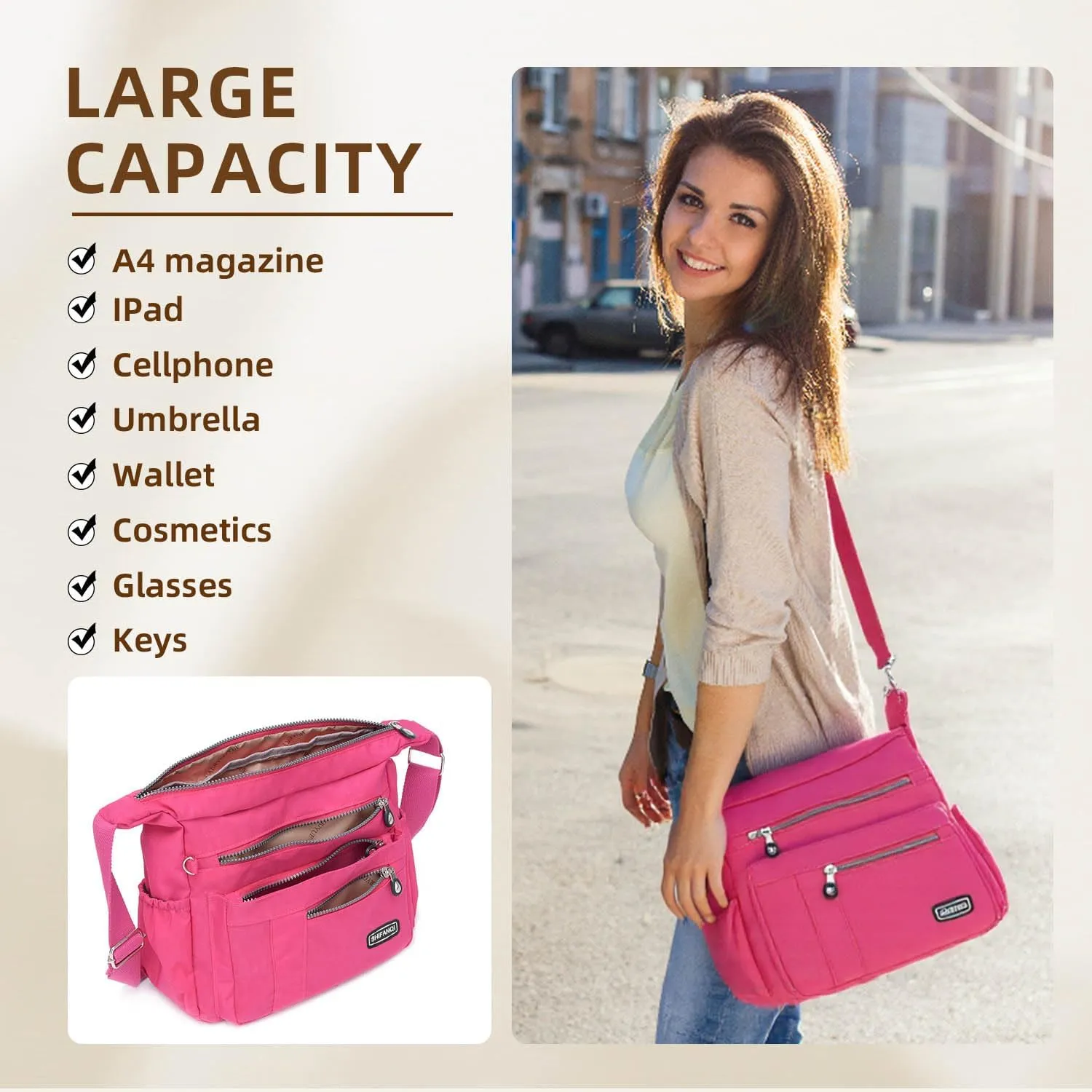 Crossbody Bag for Women, Multi Pockets Waterproof Nylon Shoulder Handbag, Lightweight Crossbody Purse for Ladies