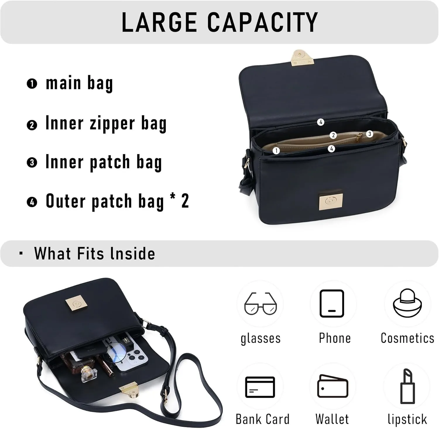 Crossbody Bag Shoulder Satchel Purse for Women, Triple Pocket Bag PU Leather Messenger Bag Flap Evening Bag