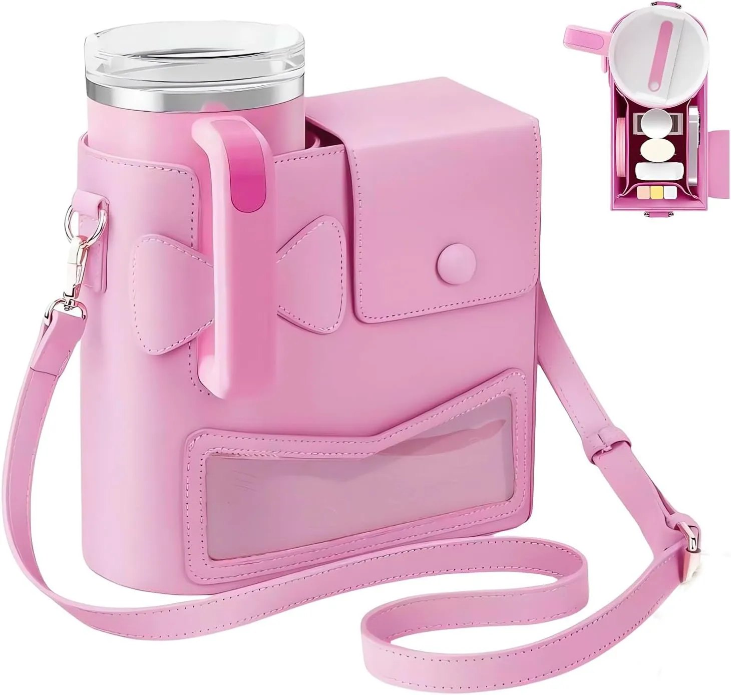 Crossbody Water Bottle Bag with Adjustable Shoulder Strap,PU Purse with Water Cup Pocket,Bottle Holder Bag Purse for Women, Girls (PINK)