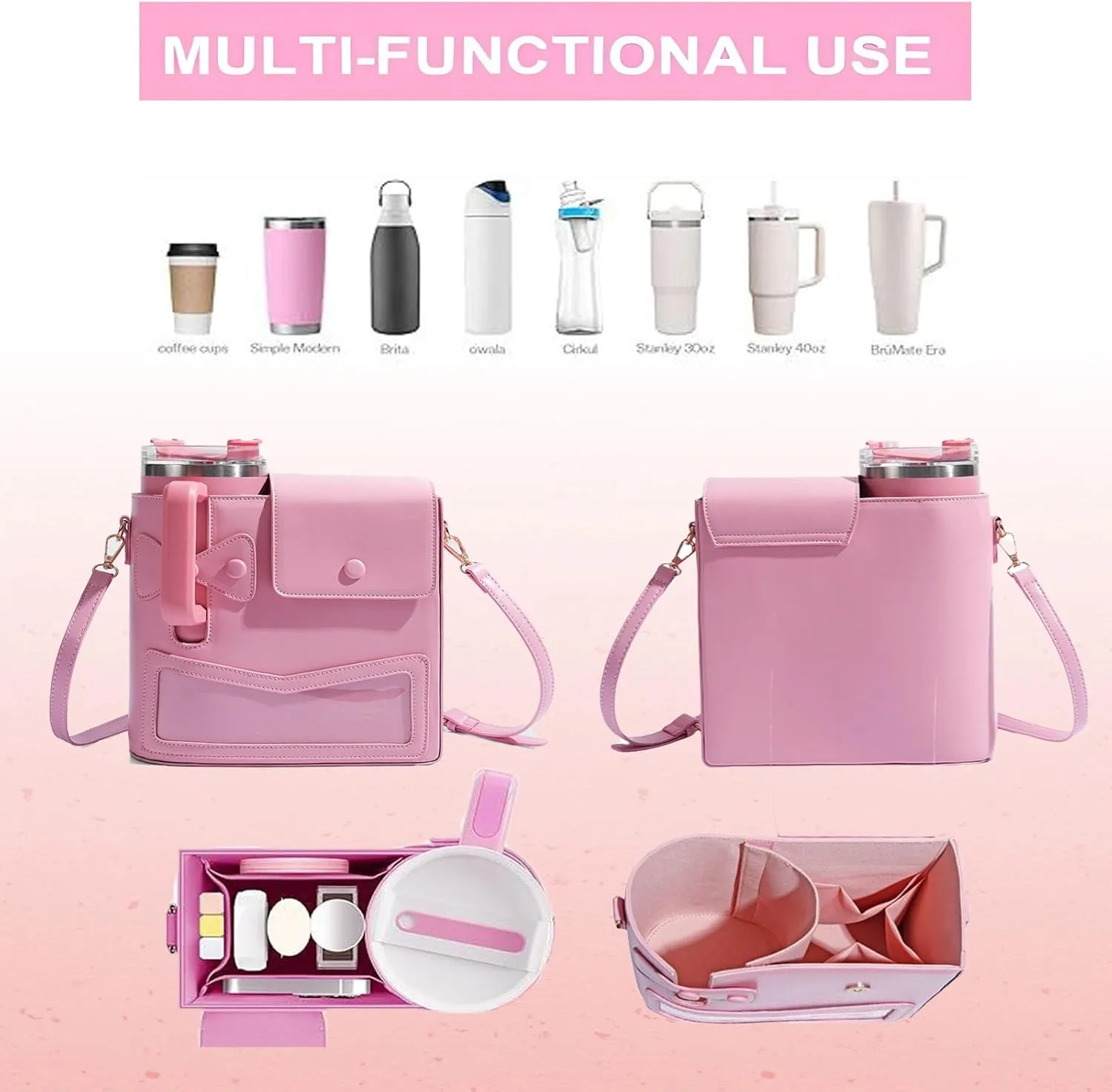 Crossbody Water Bottle Bag with Adjustable Shoulder Strap,PU Purse with Water Cup Pocket,Bottle Holder Bag Purse for Women, Girls (PINK)