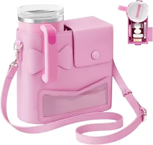 Crossbody Water Bottle Bag with Adjustable Shoulder Strap,PU Purse with Water Cup Pocket,Bottle Holder Bag Purse for Women, Girls (PINK)