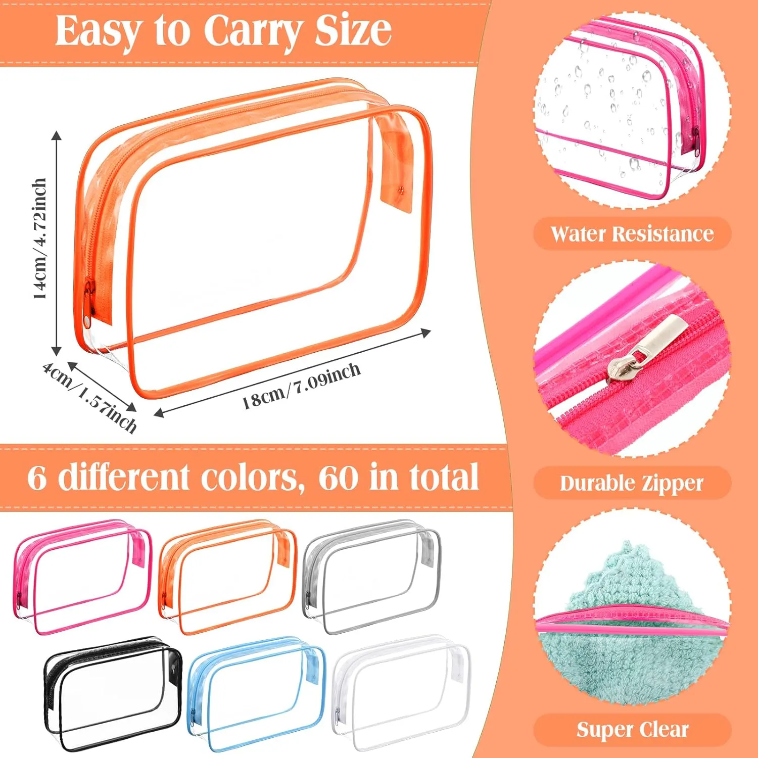 Cunno 60 Pcs Clear Toiletry Bag TSA Approved Cosmetic Bag Bulk Makeup Bag Travel Carry Airport Airline Compliant Bag for Women Men Summer Vacation Salon Mother Gift(Vivid Color)