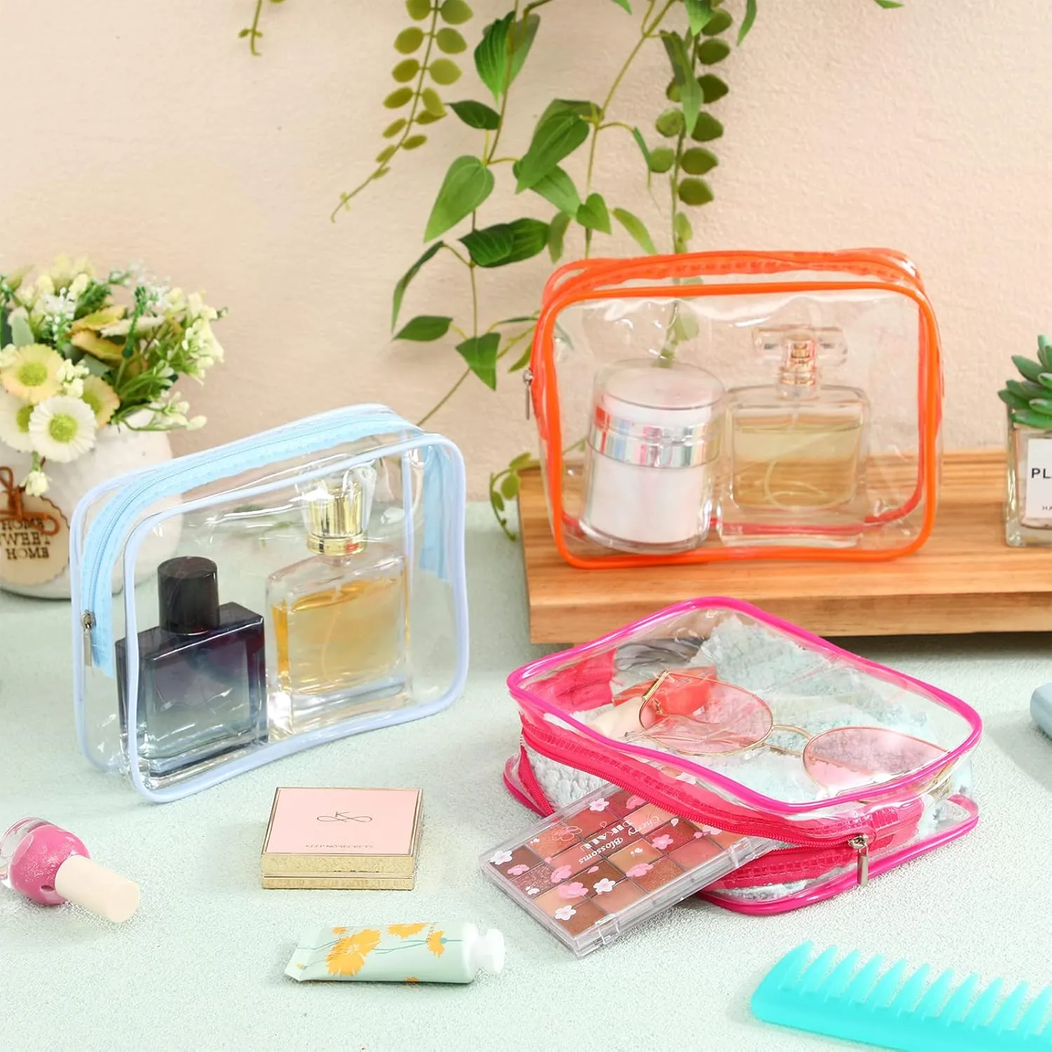 Cunno 60 Pcs Clear Toiletry Bag TSA Approved Cosmetic Bag Bulk Makeup Bag Travel Carry Airport Airline Compliant Bag for Women Men Summer Vacation Salon Mother Gift(Vivid Color)