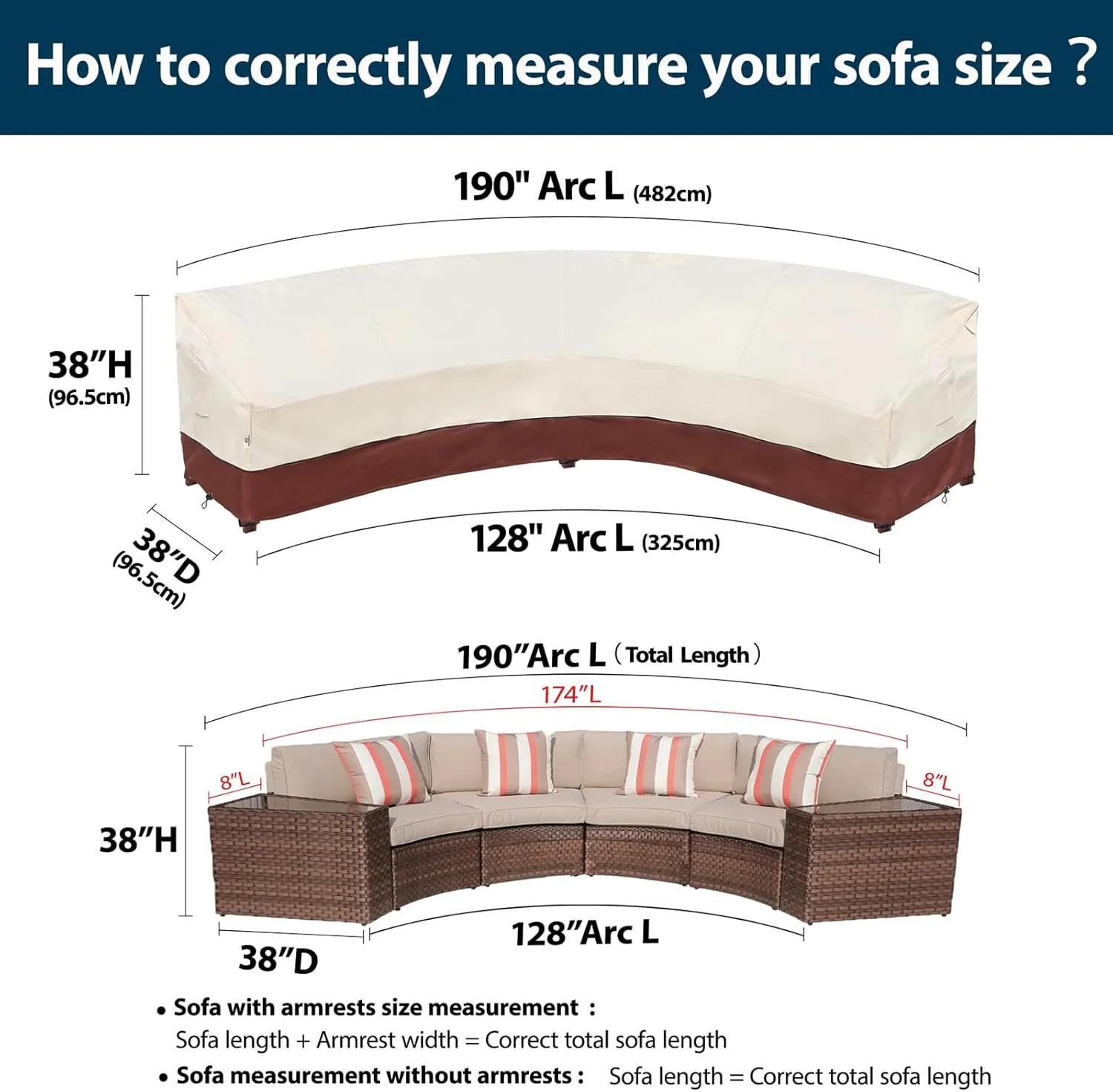 Curved Patio Furniture Covers-Outdoor Patio Furniture Sectional Covers Waterproof Reinforced Rip-Stop Anti-UV 600D Heavy Duty Outdoor Couch Cover with 3 Air Vent Sofa Cover 190"(128")