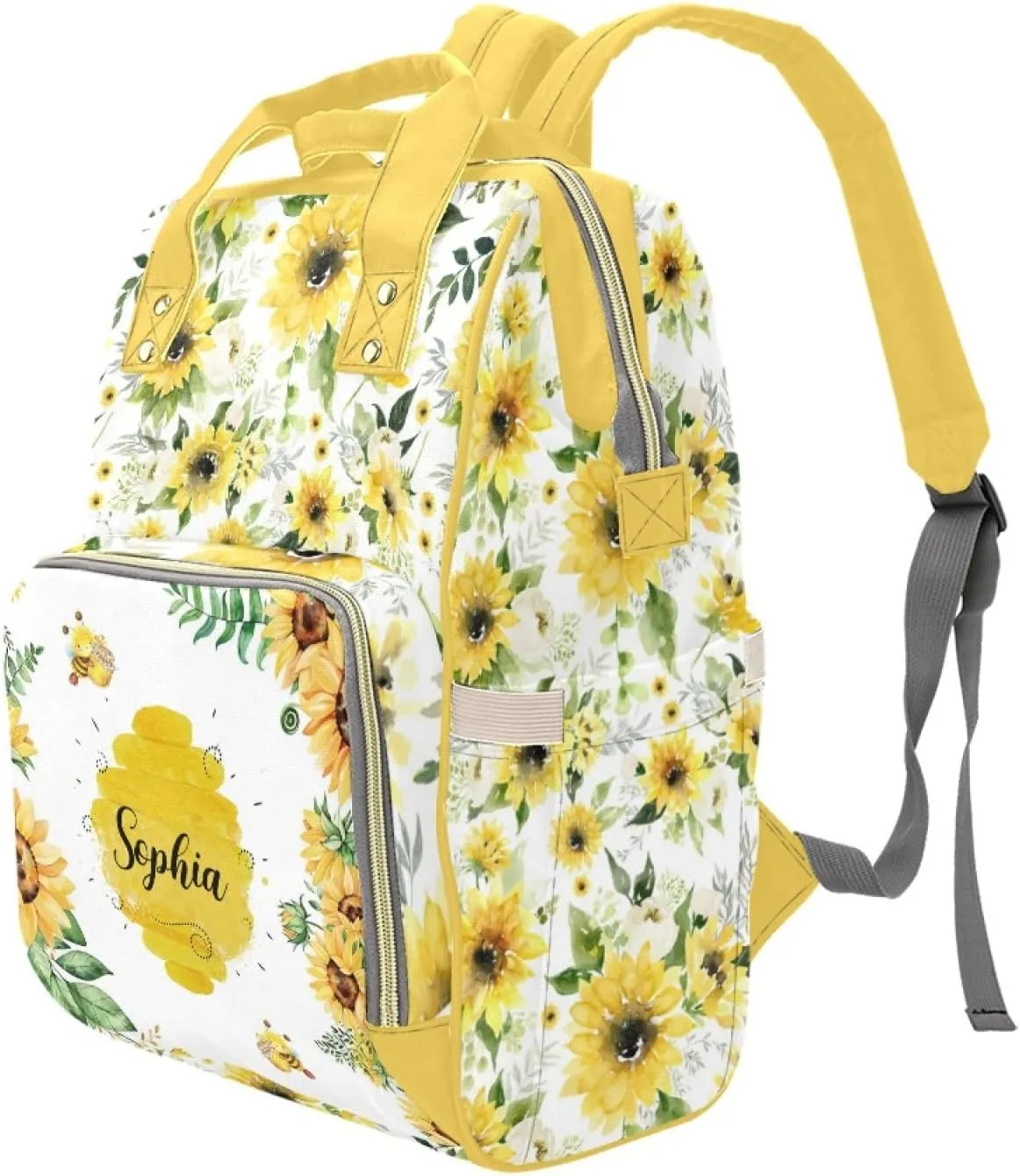 Custom Diaper Bag Backpack for Women, Personalized Name Nursing Mommy Daypack, Diaper Bag for Girls Boys, New Mom Gifts (Bee)