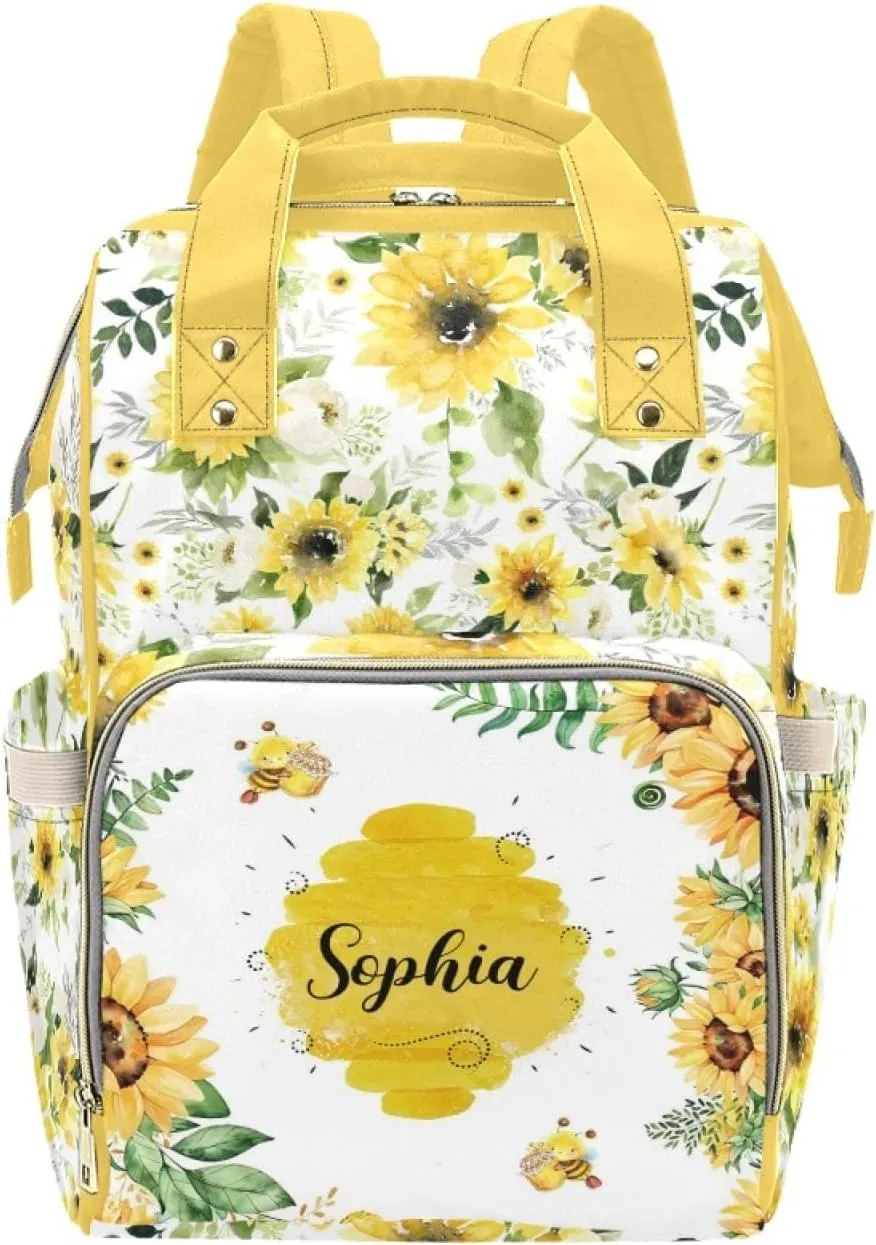 Custom Diaper Bag Backpack for Women, Personalized Name Nursing Mommy Daypack, Diaper Bag for Girls Boys, New Mom Gifts (Bee)