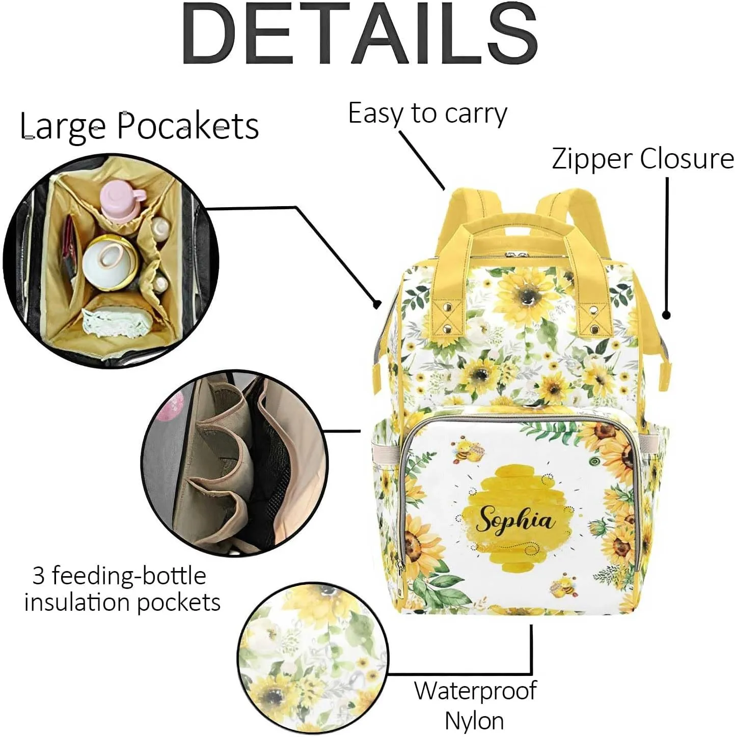 Custom Diaper Bag Backpack for Women, Personalized Name Nursing Mommy Daypack, Diaper Bag for Girls Boys, New Mom Gifts (Bee)