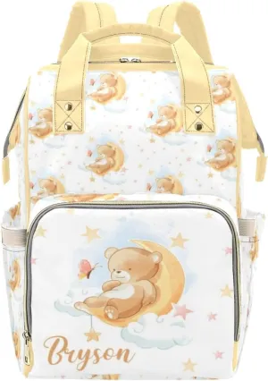 Custom Diaper Bag with Name Personalized Bear Nylon Travel Backpack for Holiday Travel Customized Nappy Changing Bag with Pockets for New Mom