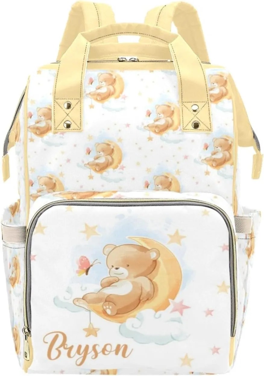 Custom Diaper Bag with Name Personalized Bear Nylon Travel Backpack for Holiday Travel Customized Nappy Changing Bag with Pockets for New Mom