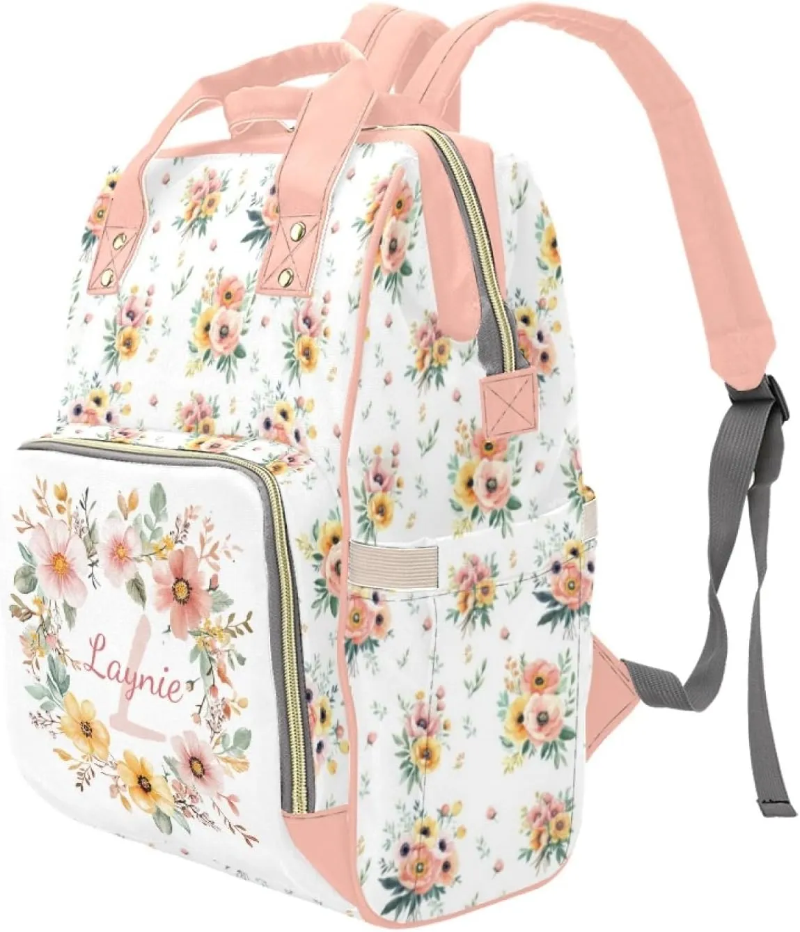 Custom Flower Baby Diaper Bags with Name, Personalized Floral Diaper Backpack Mommy Bag Diaper Nappy Bags Casual Daypack, Multiuse Travel Shoulder Bag for Mom Dad