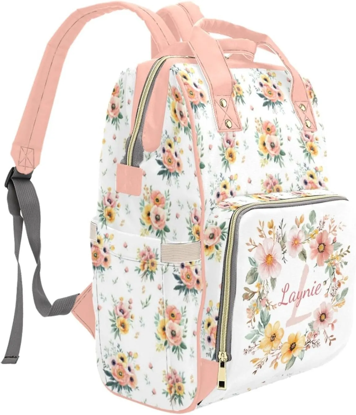 Custom Flower Baby Diaper Bags with Name, Personalized Floral Diaper Backpack Mommy Bag Diaper Nappy Bags Casual Daypack, Multiuse Travel Shoulder Bag for Mom Dad