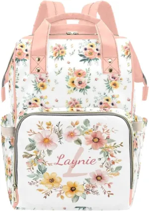 Custom Flower Baby Diaper Bags with Name, Personalized Floral Diaper Backpack Mommy Bag Diaper Nappy Bags Casual Daypack, Multiuse Travel Shoulder Bag for Mom Dad