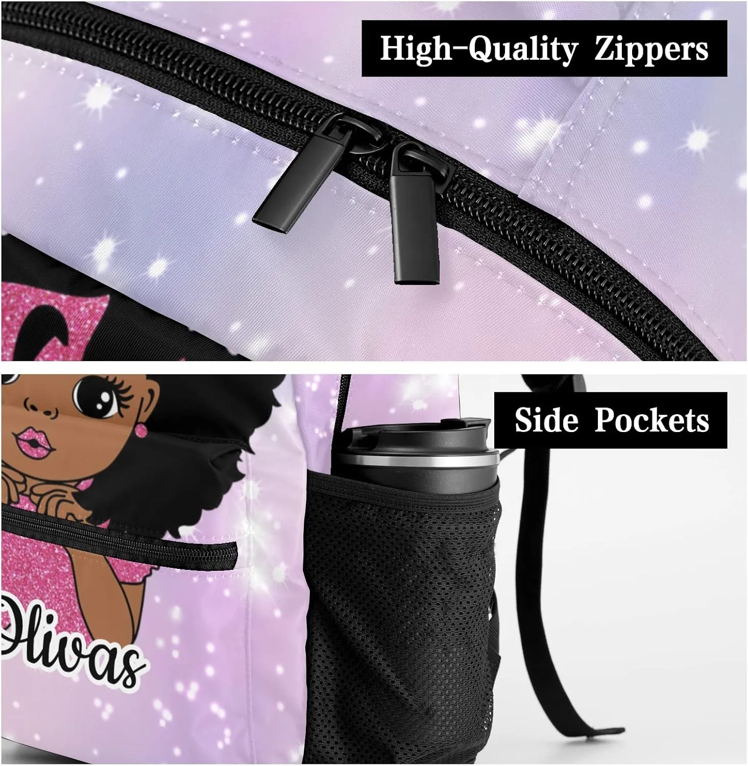 Custom Kids Backpack, Personalized Student School Bags for Boys & Girls, Bookbags for Travel Shiny Lights Girl