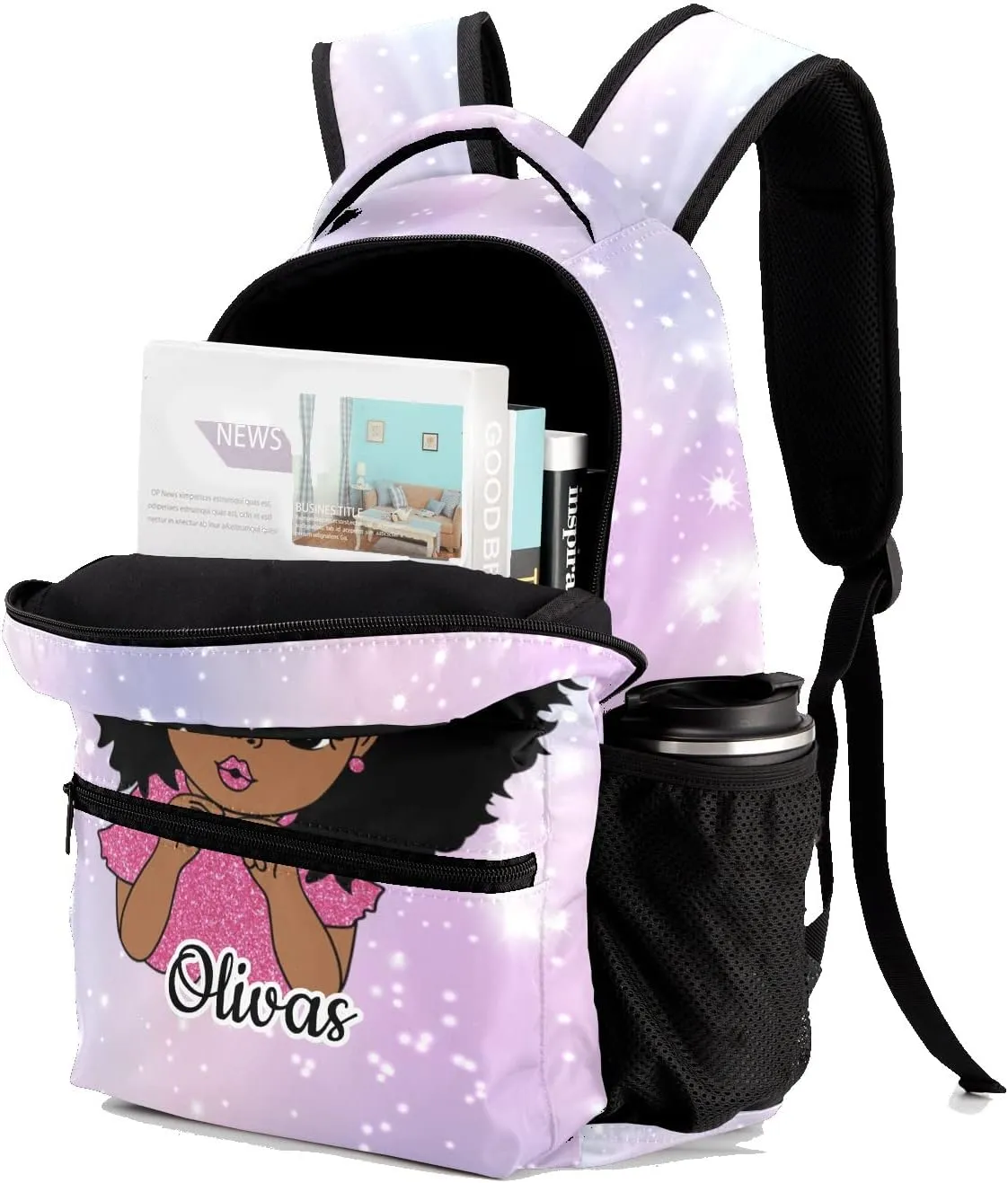 Custom Kids Backpack, Personalized Student School Bags for Boys & Girls, Bookbags for Travel Shiny Lights Girl