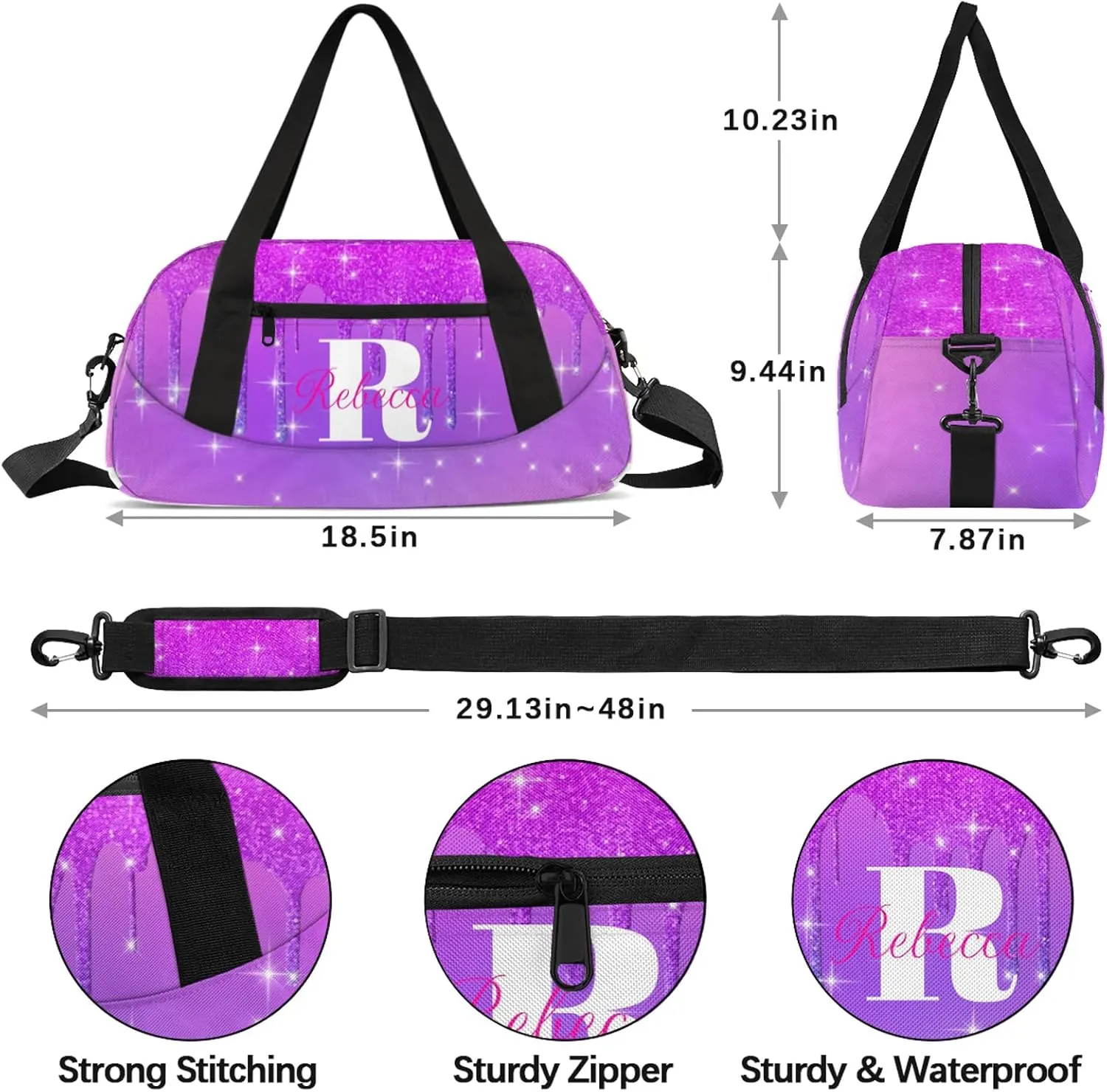 Custom Name Sports Duffel Bag Personalized Dance Gym Bag for Women Men Overnight Weekender Travel Duffel Bags Lightweight 18.5in, Purple