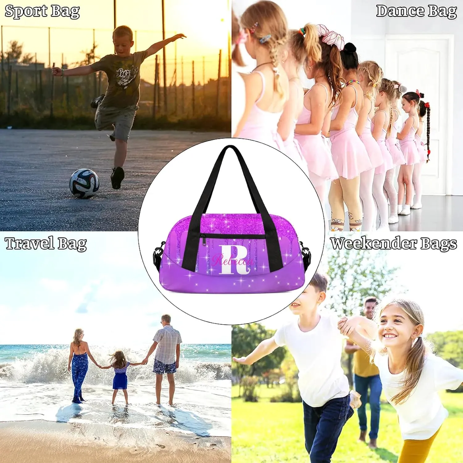 Custom Name Sports Duffel Bag Personalized Dance Gym Bag for Women Men Overnight Weekender Travel Duffel Bags Lightweight 18.5in, Purple