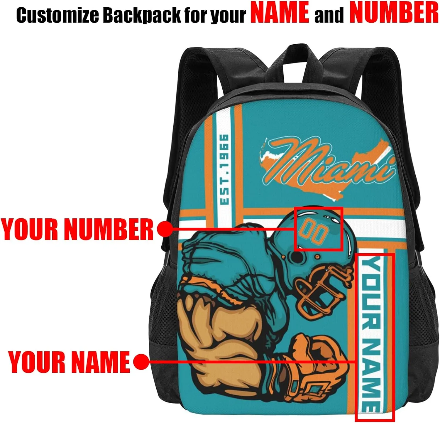 Custom Shoulder Miami Backpack Personalized Any Name Number 17 Inch Large Capacity Laptop Bag Bookbag Gifts for Men Women