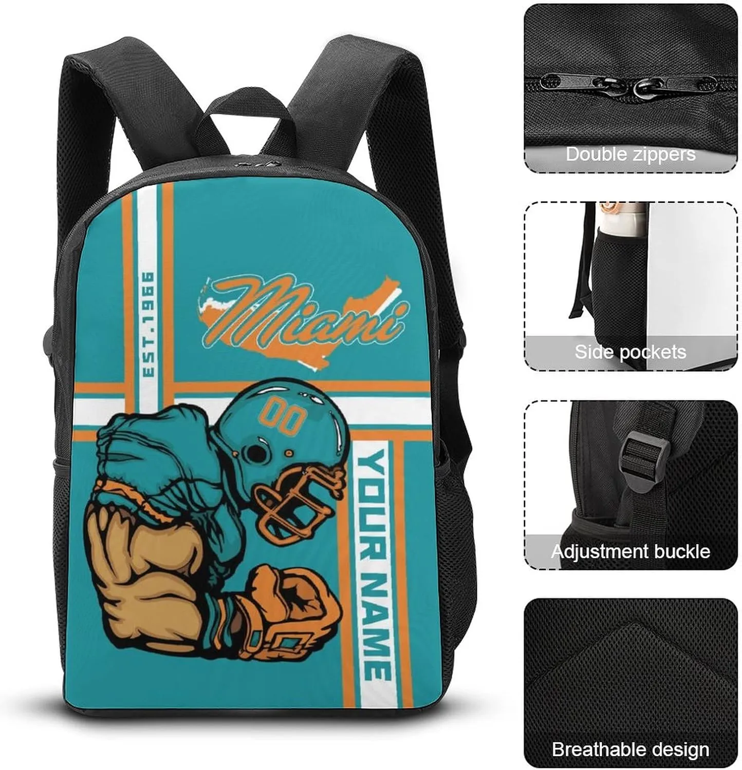 Custom Shoulder Miami Backpack Personalized Any Name Number 17 Inch Large Capacity Laptop Bag Bookbag Gifts for Men Women