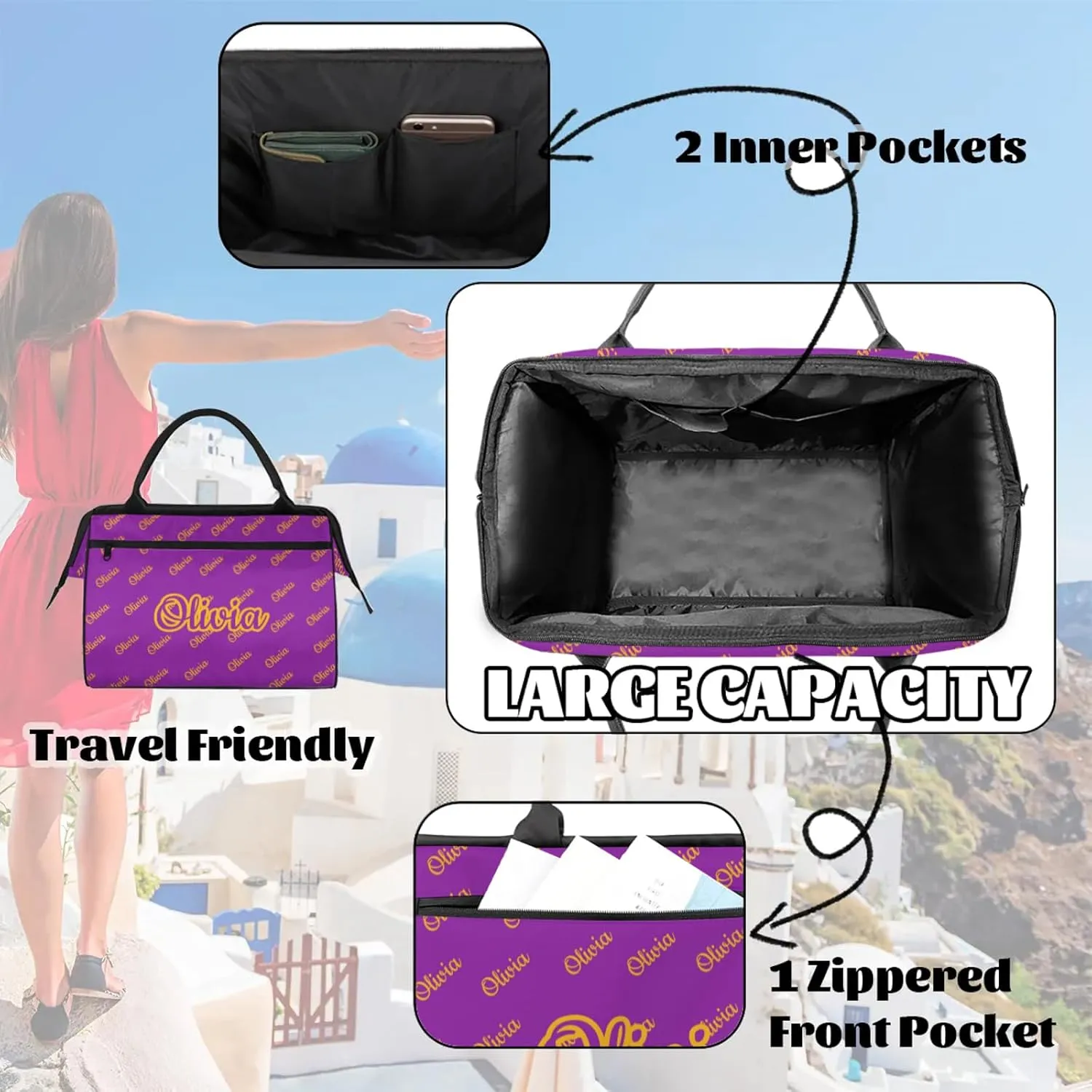 Custom Sport Duffel Bags Personalized Travel Overnight Bag Waterproof Dance Bag Lightweight Carry-On Tote for Women Men 15.2in, Purple Yellow