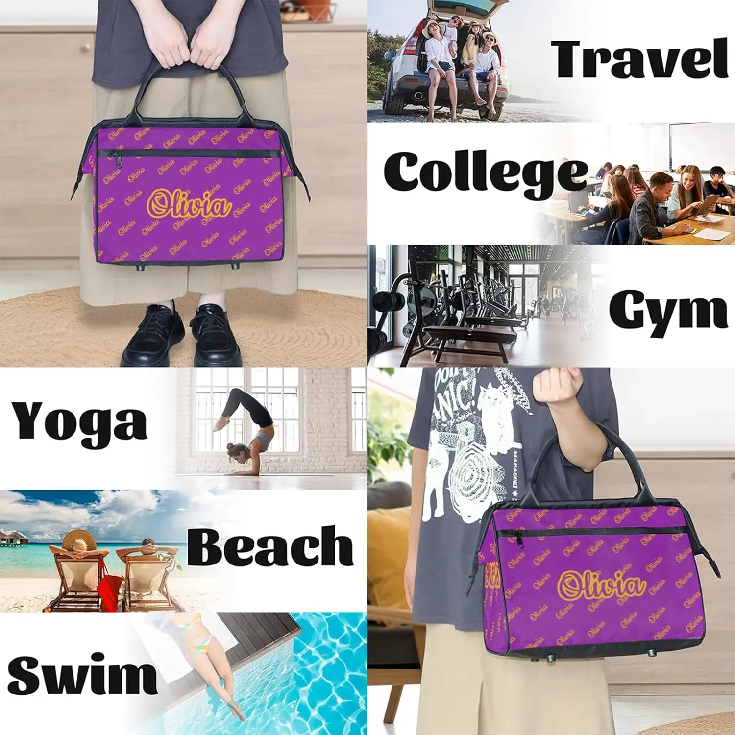 Custom Sport Duffel Bags Personalized Travel Overnight Bag Waterproof Dance Bag Lightweight Carry-On Tote for Women Men 15.2in, Purple Yellow