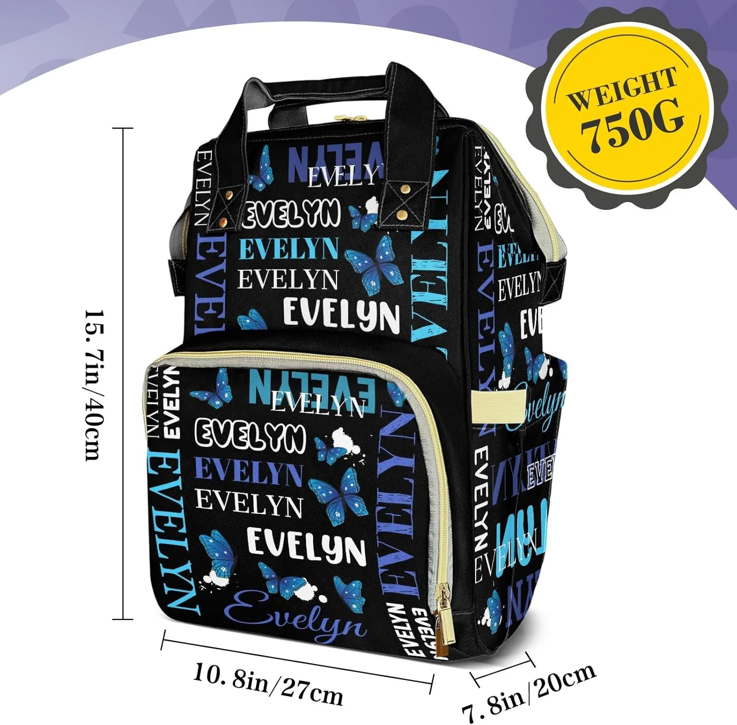 Customizable Large Capacity Diaper Bag Personalized Name, Waterproof Multi-Function Mommy Bag with Thermal Pockets for Girls and Boys，Blue Butterfly