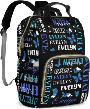 Customizable Large Capacity Diaper Bag Personalized Name, Waterproof Multi-Function Mommy Bag with Thermal Pockets for Girls and Boys，Blue Butterfly