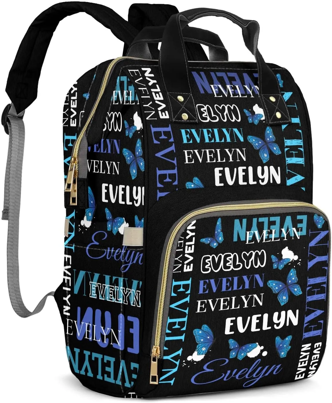 Customizable Large Capacity Diaper Bag Personalized Name, Waterproof Multi-Function Mommy Bag with Thermal Pockets for Girls and Boys，Blue Butterfly