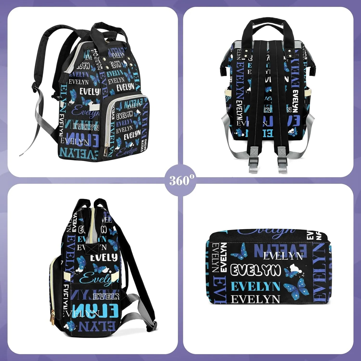 Customizable Large Capacity Diaper Bag Personalized Name, Waterproof Multi-Function Mommy Bag with Thermal Pockets for Girls and Boys，Blue Butterfly