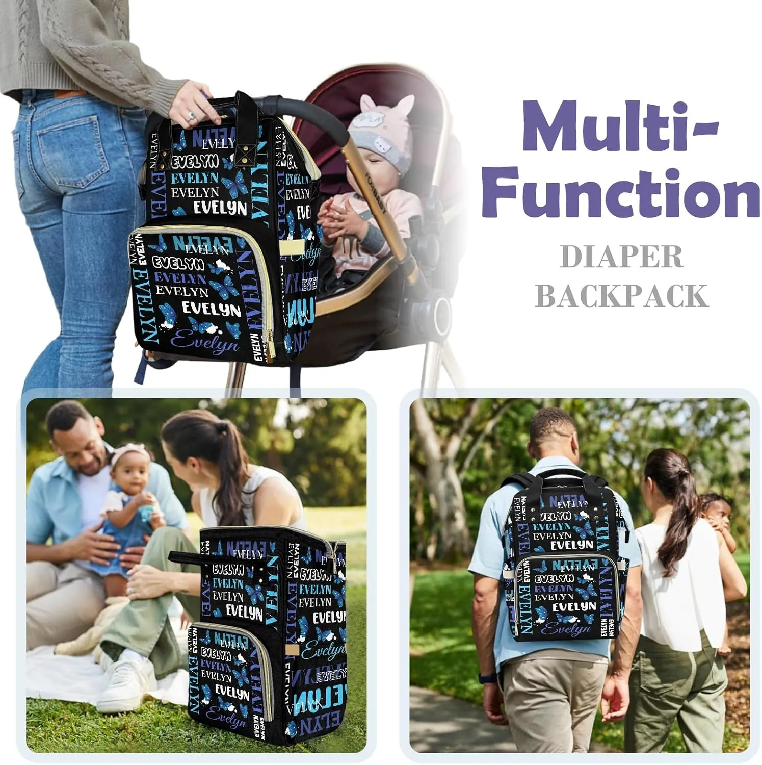 Customizable Large Capacity Diaper Bag Personalized Name, Waterproof Multi-Function Mommy Bag with Thermal Pockets for Girls and Boys，Blue Butterfly