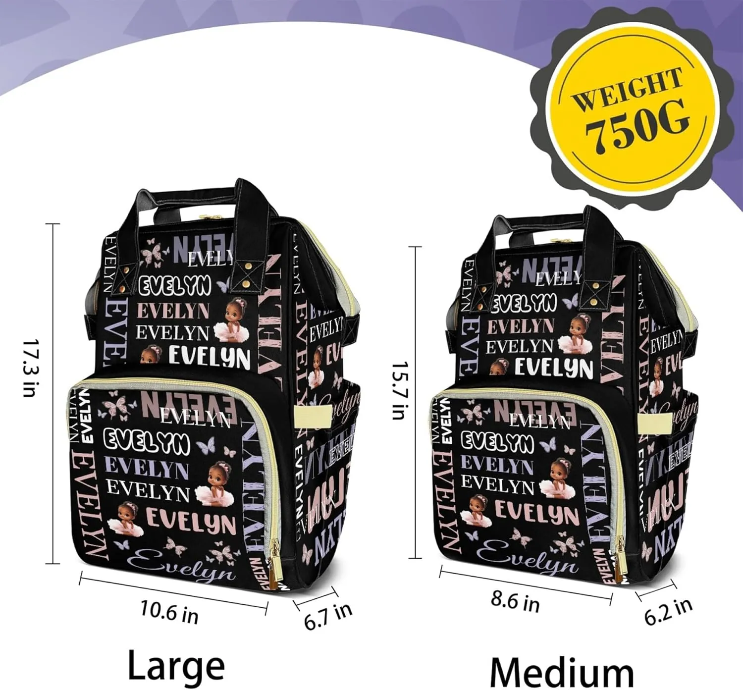 Customizable Large Capacity Diaper Bag Personalized Name, Waterproof Multi-Function Mommy Bag with Thermal Pockets for Girls，Black girl