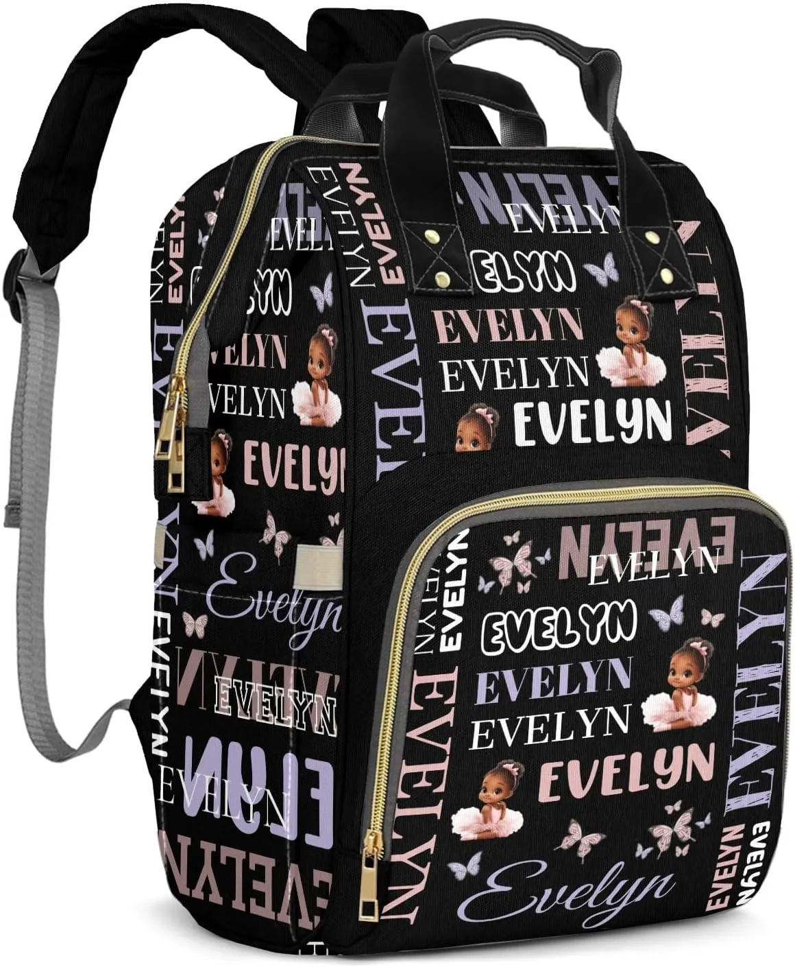 Customizable Large Capacity Diaper Bag Personalized Name, Waterproof Multi-Function Mommy Bag with Thermal Pockets for Girls，Black girl