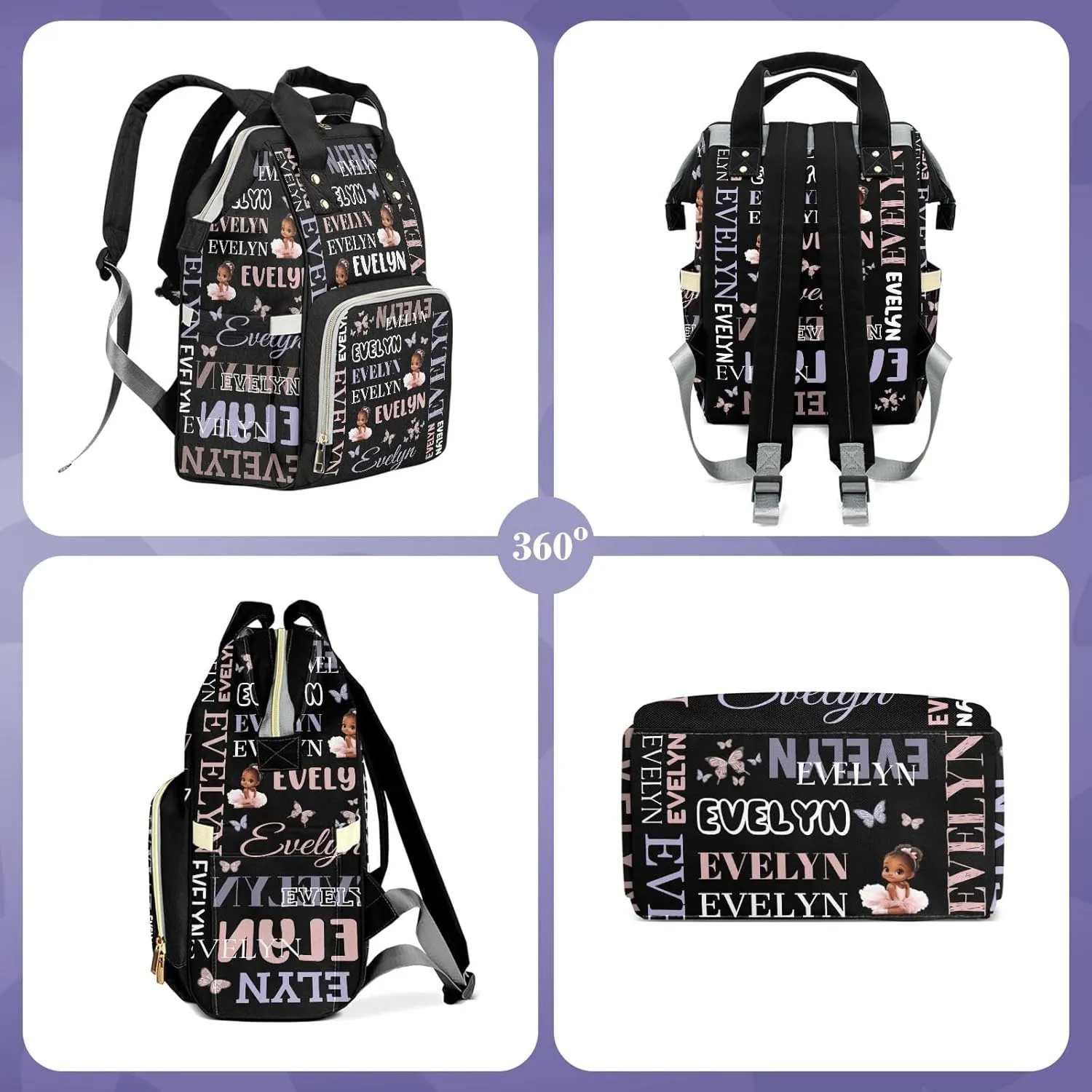 Customizable Large Capacity Diaper Bag Personalized Name, Waterproof Multi-Function Mommy Bag with Thermal Pockets for Girls，Black girl
