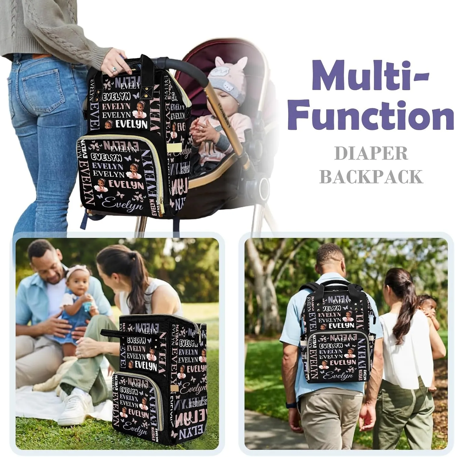 Customizable Large Capacity Diaper Bag Personalized Name, Waterproof Multi-Function Mommy Bag with Thermal Pockets for Girls，Black girl