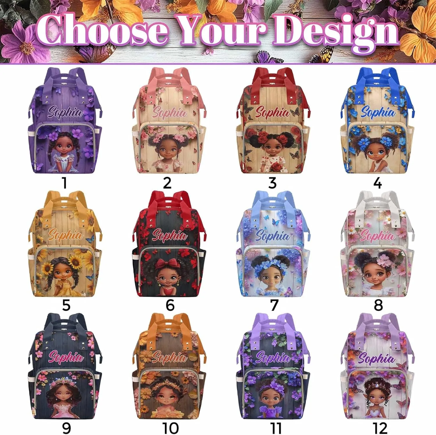 Customization Diaper Bag Backpack Princess Flowers Cute Girl Casual Daypack with Name Waterproof Customize Name Nappy Bags for Mom Mother's Day Christmas Birthday Baby Shower